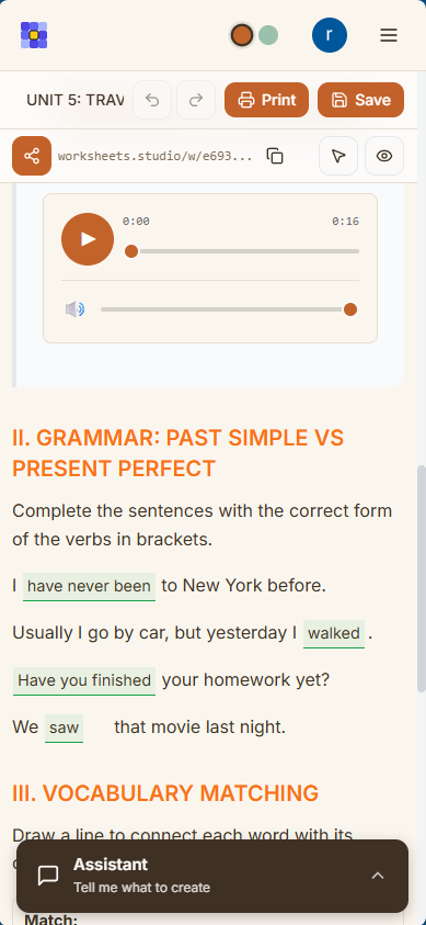 Worksheet exercise on a mobile phone