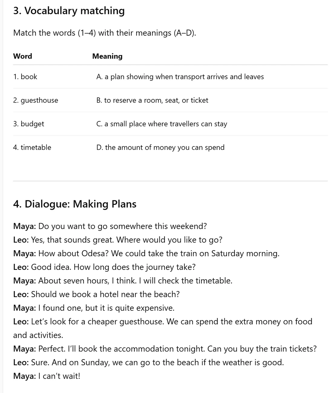 ChatGPT showing vocabulary matching pairs and an eleven-turn weekend-trip dialogue as static text.