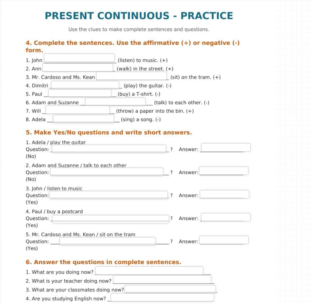 The same present continuous exercise on Liveworksheets, shown on a laptop, with answer boxes placed over a scanned worksheet page.