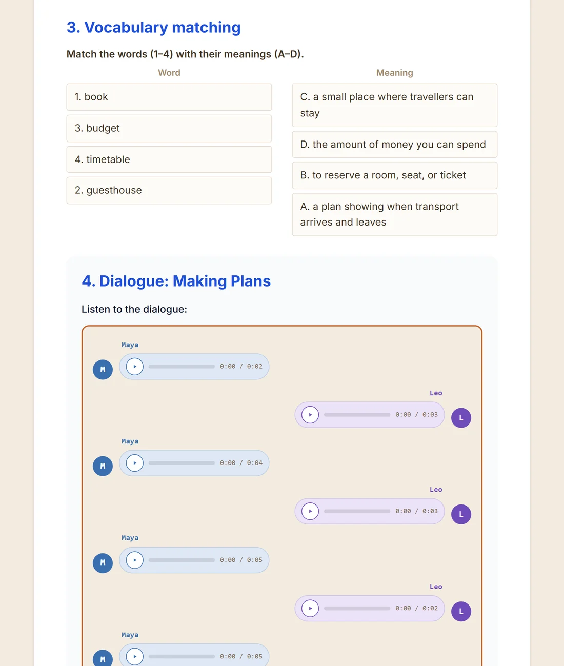 The same vocabulary and dialogue in MakeLesson as an interactive matching exercise and alternating Maya and Leo audio players.
