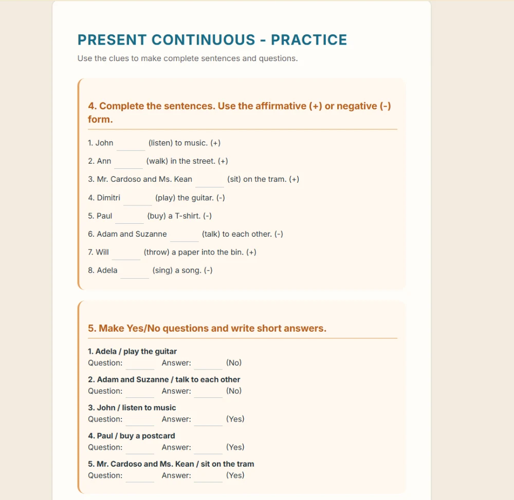 The same present continuous exercise in MakeLesson, shown on a laptop, rebuilt as typed exercises with inline gaps.